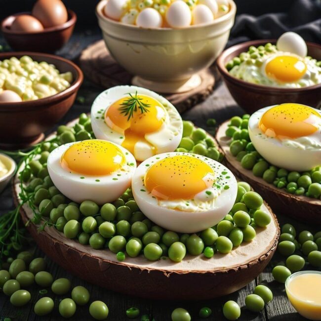 Jajka na twardo z majonezem i zielonym groszkiem