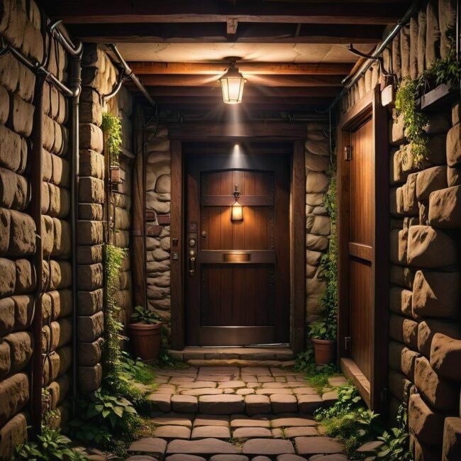 Półki które otwierają się na schody do piwnicy