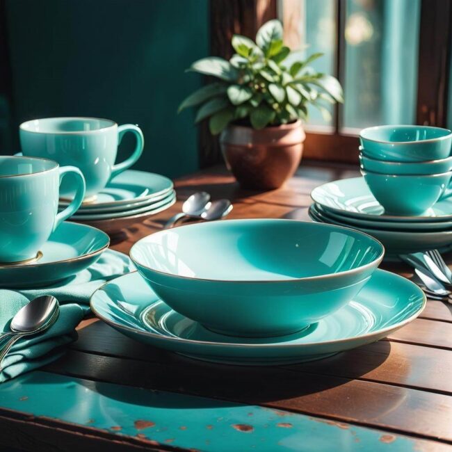 Turkusowe talerze głębokie i płaskie