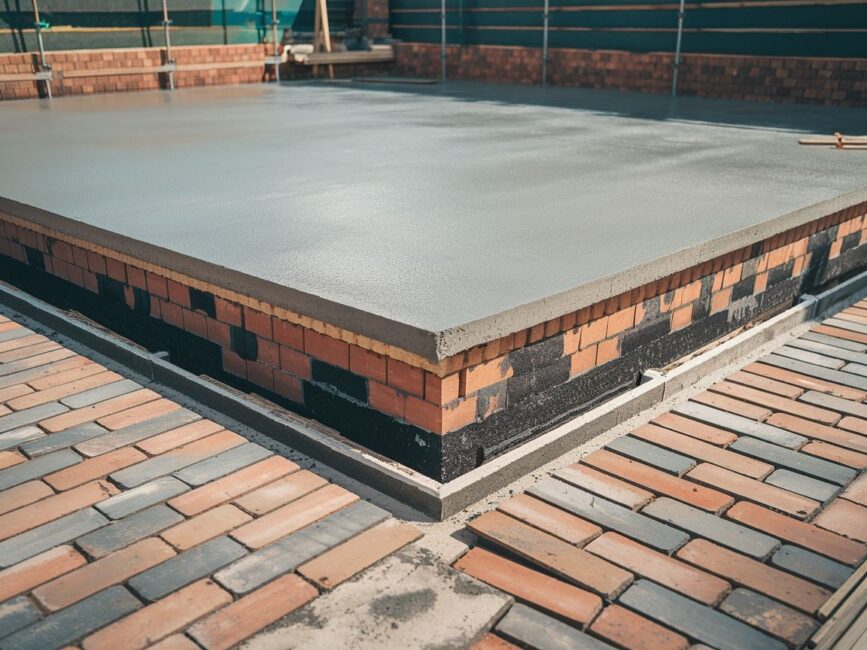 Widok na płytę fundamentową i ławę na placu budowy